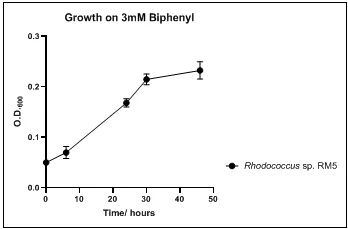 Figure 8. Growth of Rhodococcus sp. RM5 on 3mM biphenyl in DSMZ medium. Each point reflects a triplicate and the error bars represents the standard deviation of the mean